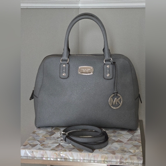 Michael Kors Saffiano Leather Gray Satchel Double Handle/Long Strap Bag - Picture 1 of 11